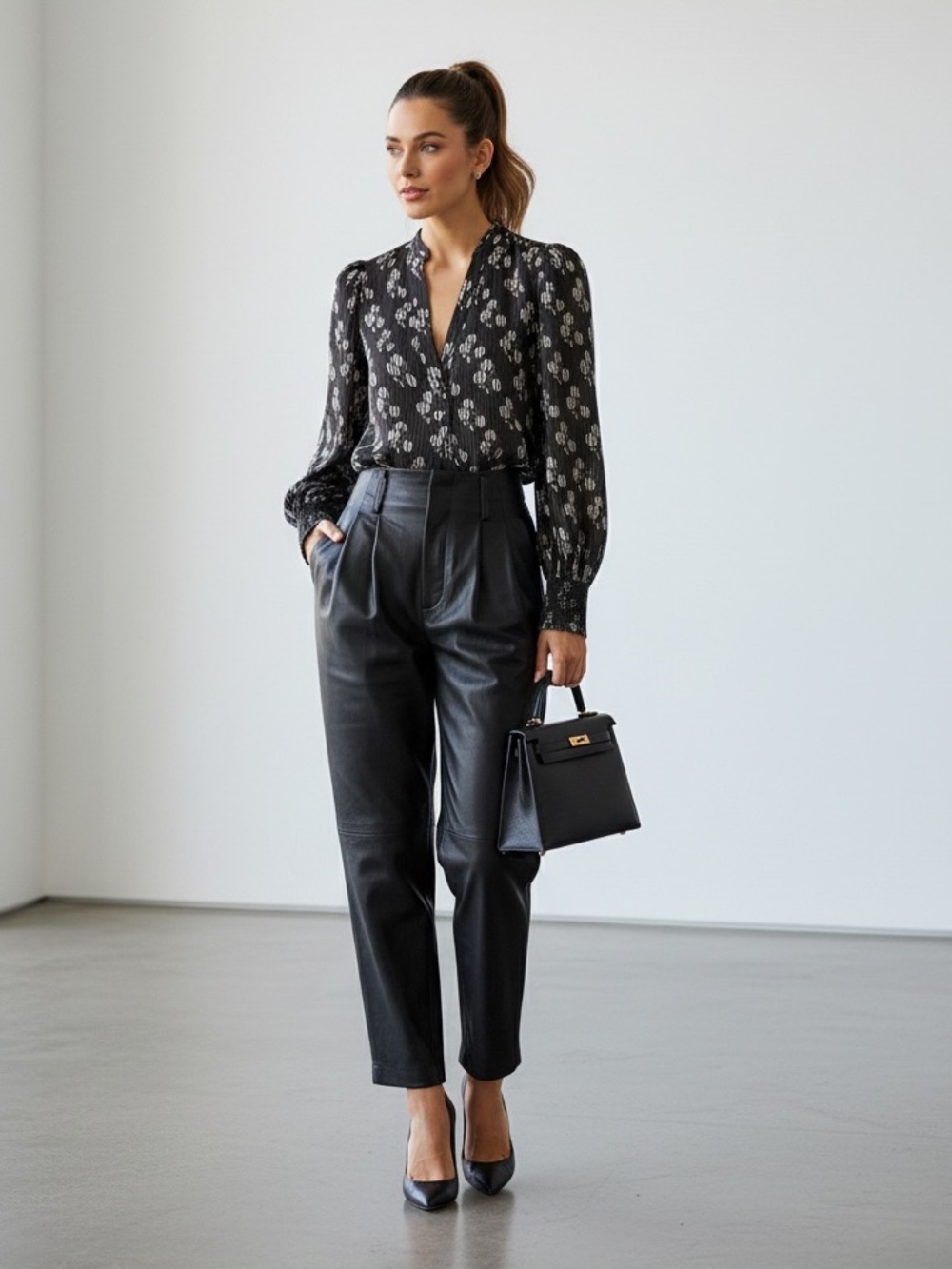 Alice + Olivia Sheila Black Floral Burnout Satin Henley Blouse | Size M - Picture 3 of 8